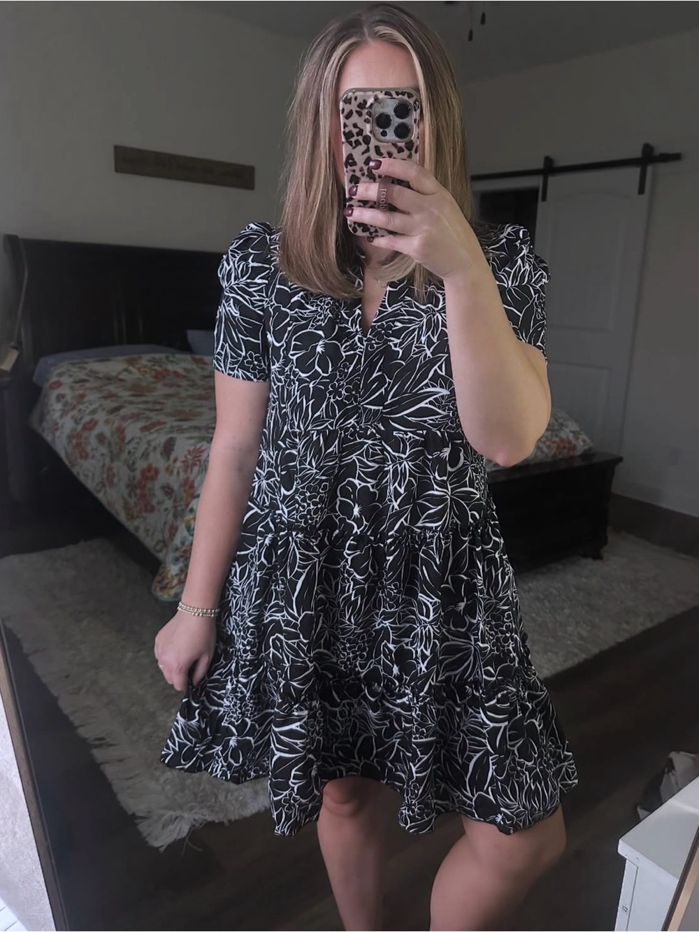 She + Sky Black and White Floral Short Sleeve Swing Dress